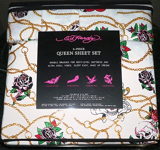 NEW Ed Hardy 6 Pc QUEEN Sheet Set Tattoo Heart Skull Black Rose Love Kills