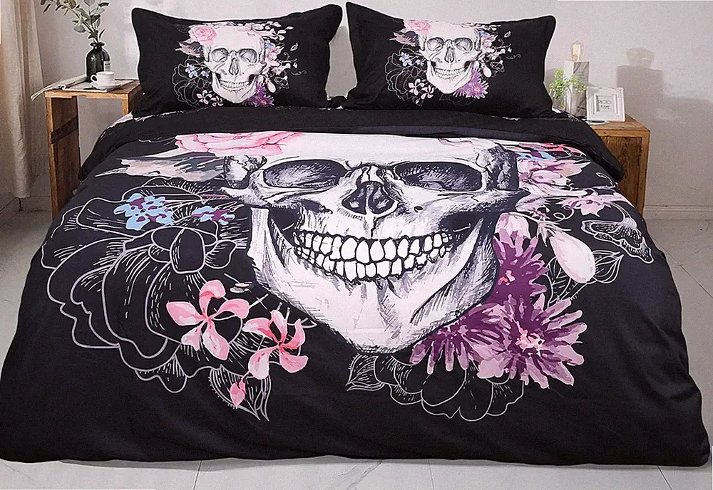 NEW Floral Gothic Skull Duvet Cover 2 Pc Set Twin Size Microfiber Bedding black