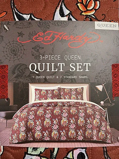 NWT Ed Hardy 3 Piece Quilt Set - Queen size Y2K Skulls Roses Goth Tattoo Flash