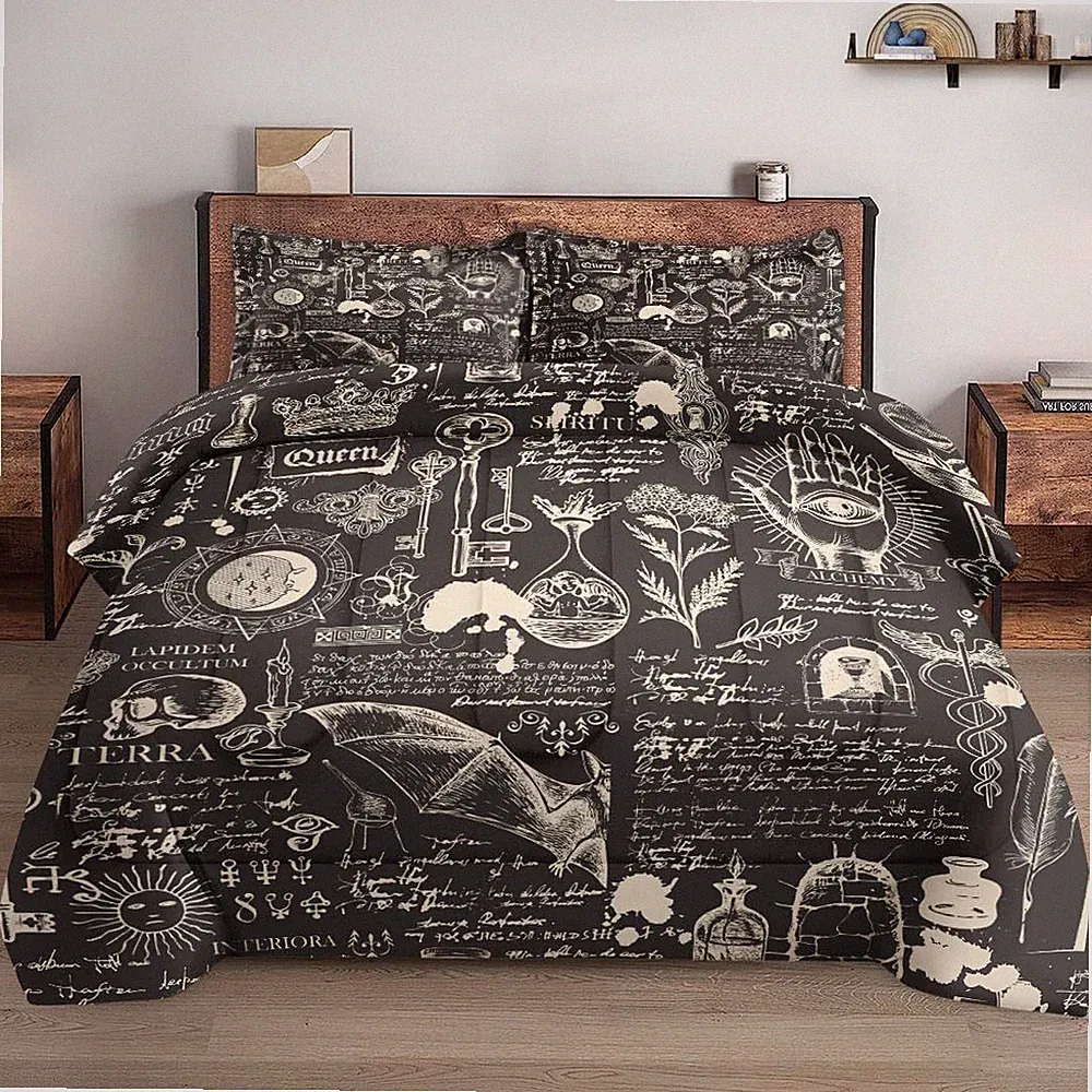 Queen Size Comforter Set with 2 Pillowcases, Stone Skull Medieval Bat Soft 3...