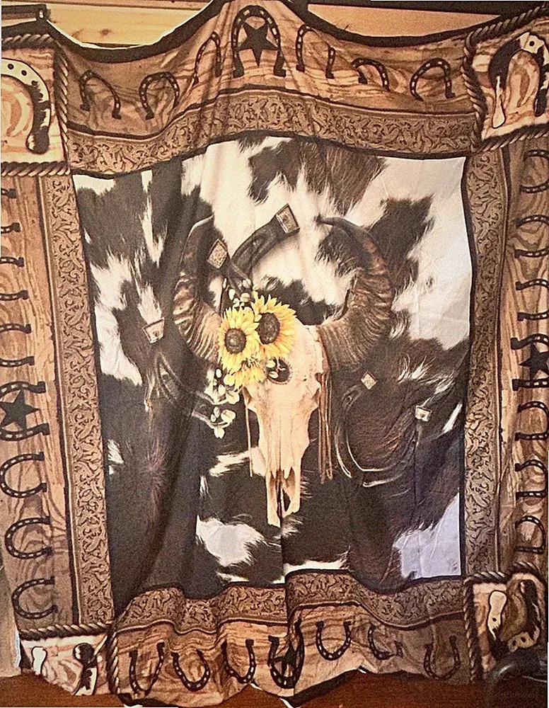 Queen Size Cowboy Duvet Cover And 2 Pillow Cases-Cow Skull And Horseshoe