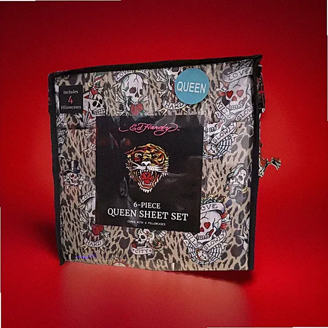 Rare Ed Hardy 6-Piece Queen Sheet Set Skull Leopard Print Multicolor Bedroom