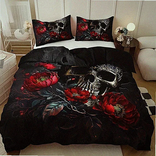 Red Flower Skull Duvet Quilt Cover Set + Pillowcases Twin Full Queen King Decor