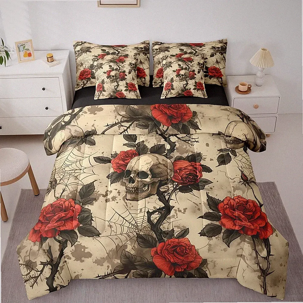 Rose Sugar Skull 7 Piece Bedding Set Queen Retro Spider Web Comforter Set with S