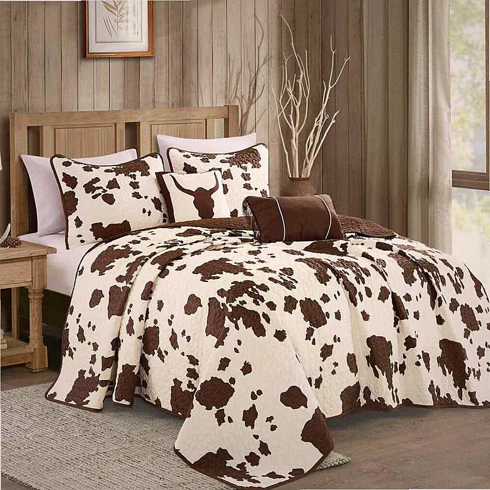 Rustic Cowhide Brown Cow Skull Quilt Set - 5 Piece Set