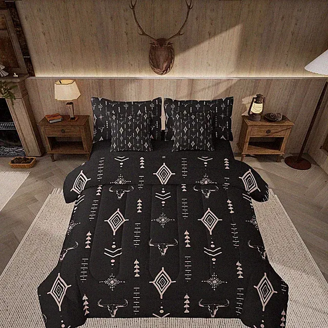 Rustic Western 7-Piece Queen Bedding Set, Bull Skull & Aztec Design
