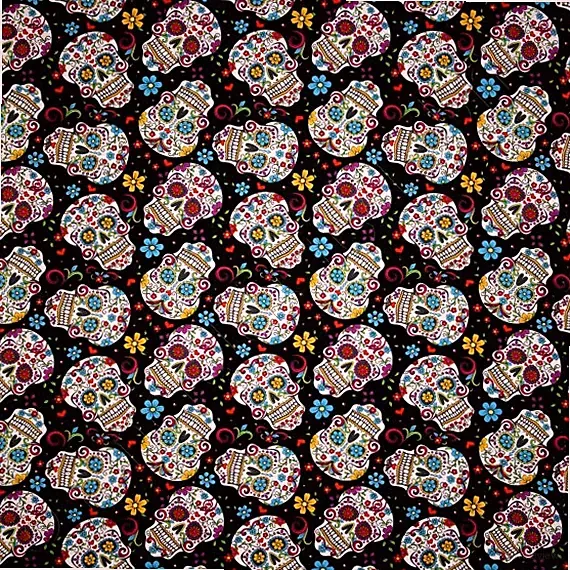 SALE DAY OF THE DEAD SUGAR CANDY SKELETON SKULL BLACK 100% COTTON FABRIC BTHY