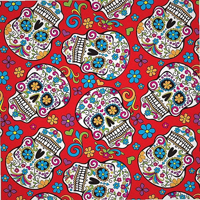 SALE DAY OF THE DEAD SUGAR CANDY SKELETON SKULL RED 100% COTTON FABRIC BTHY