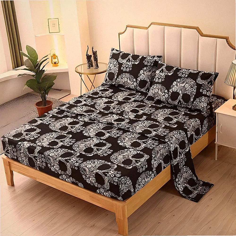 SDIII 4PCS Sugar Skull Sheets Set Full, Soft Microfiber Gothic Bedding Skelet...