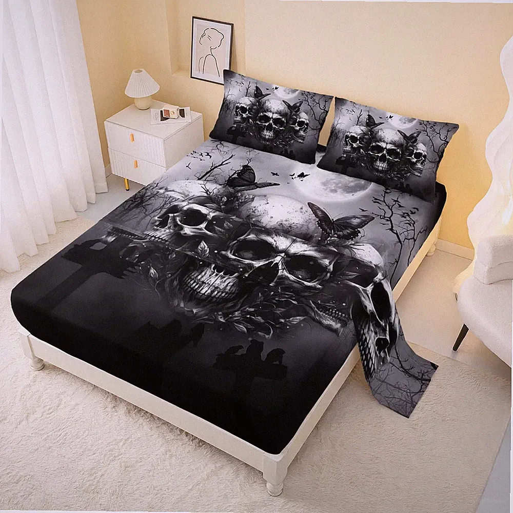 Skull Bedding King Size Set: Terror Moth Skeleton Sheets, Deep Pocket, Funny!