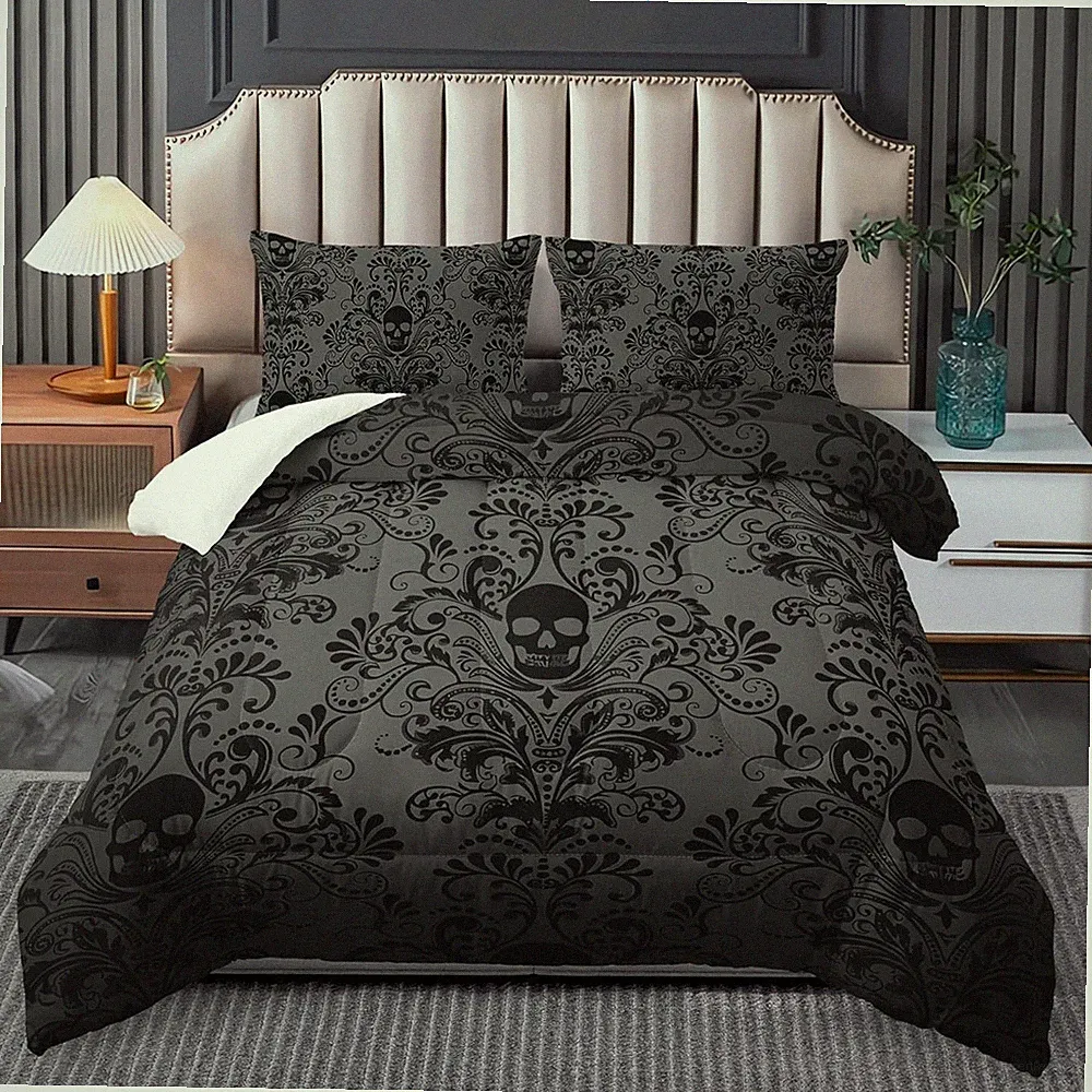 Skull Bedding Set - King Size Gothic Boho Comforter Set with Skull Pattern