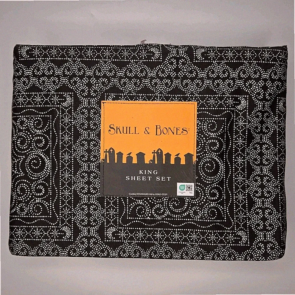 Skull & Bones King Size Sheet 100% Cotton Halloween Spider Web Mystic Black Set