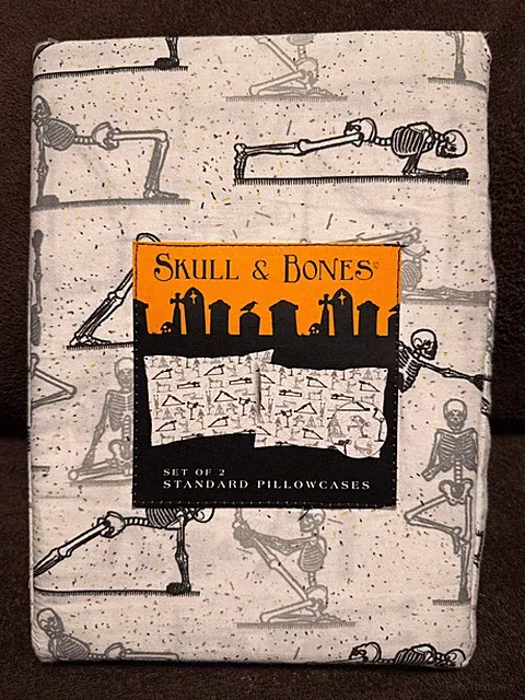 Skull & Bones Set of 2 Standard Pillowcases - Skeletons doing Yoga - NEW w/bag!!