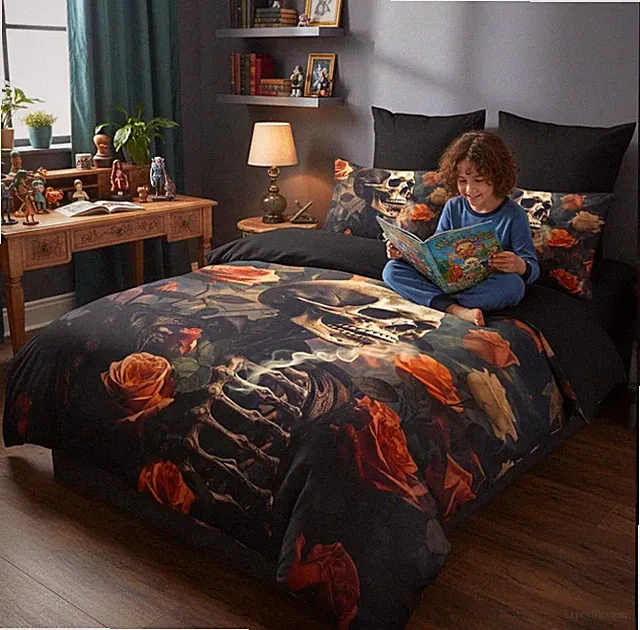 Skull Comforter Queen Size Kids/Adult Black/RedWhite Skull Bedding Set with Rose