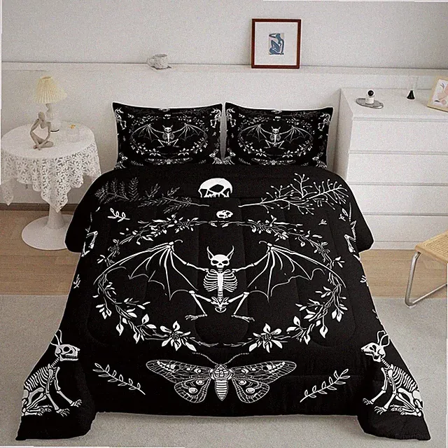 Skull Comforter Set Queen Size,White Skull Gothic Animal Theme Duvet Insert f...