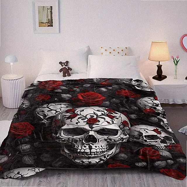Skull Floral Flannel Throw Blanket Soft 3D Print Couch Bed Travel All Season
