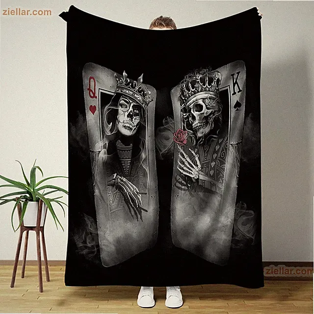 Skull King and Queen Fleece Blanket, Cozy Blanket with Gothic Skeleton Card