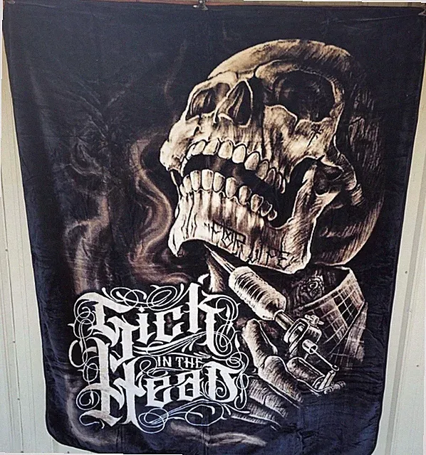 SKULL SICK IN THE HEAD TATTOO SKELETON QUEEN SIZE BLANKET BEDSPREAD