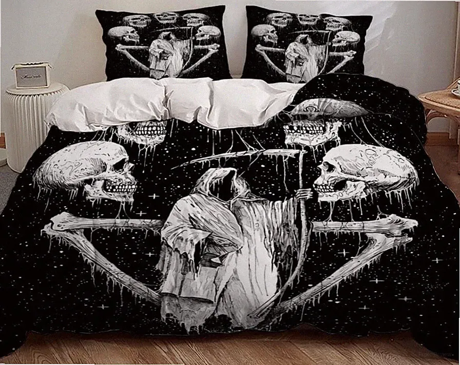 Skull Skeleton Duvet Cover 3 pc Set Queen Size, black white 2 Pillow Cases