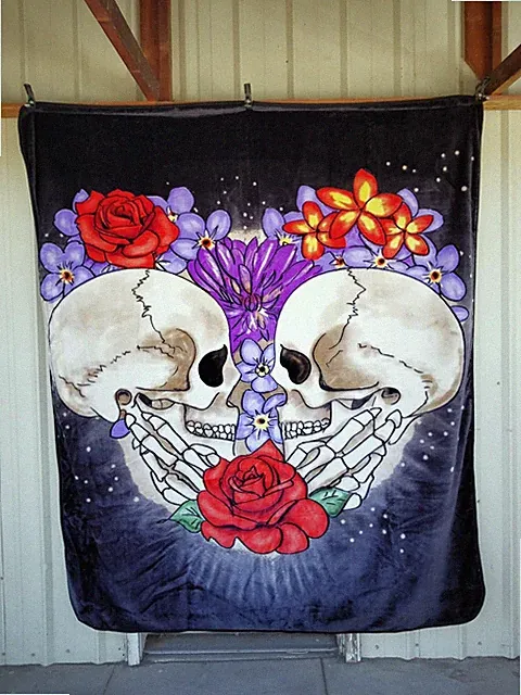 SKULL SKULLS FLOWERS FLOWER HEART MUERTOS QUEEN SIZE BLANKET BEDSPREAD