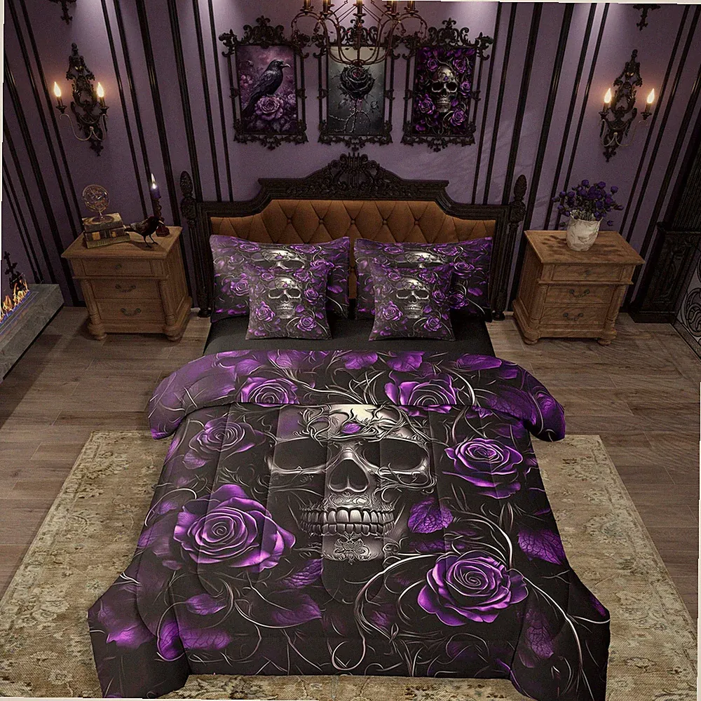 Sugar Skull 7 Pcs Comforter Set Twin,Purple Rose Floral Bedding Set for Boys...