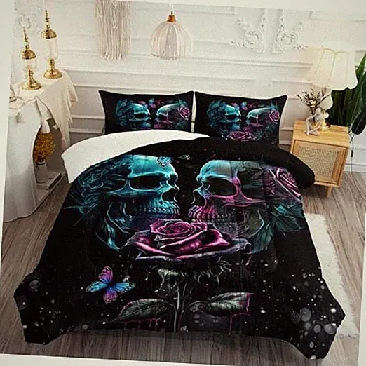 Sugar Skull Comforter Set Size, 3D Rose Skull Couple Bedding Queen Skull118