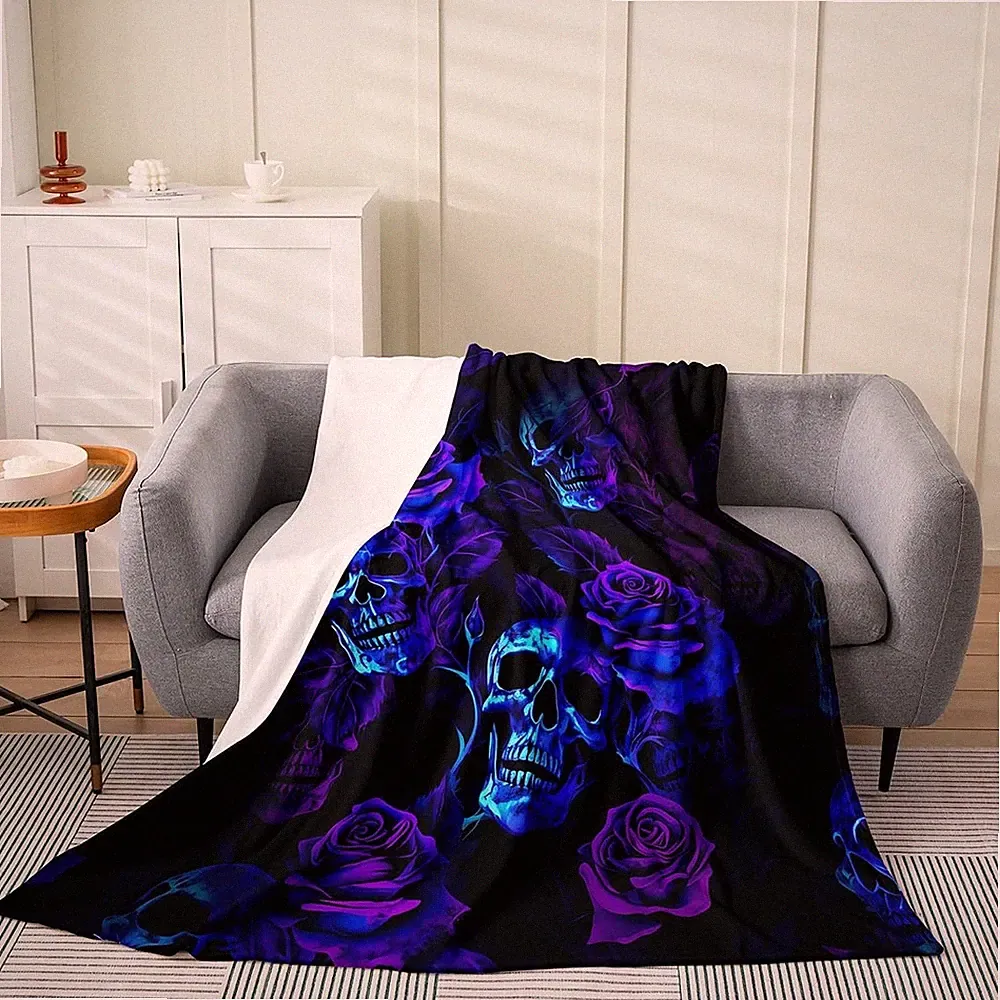 Sugar Skull Fuzzy Blanket Queen 90"x90" Purple Blue Rose for Sofa Couch Teens...