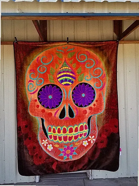 SUGAR SKULL ORANGE ARDRAS ART SANDRA CARAVALHO QUEEN SIZE BLANKET BEDSPREAD