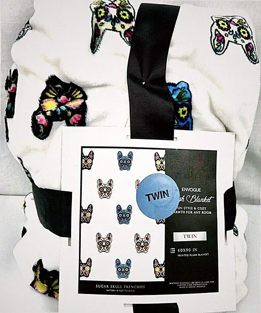 Sugar Skull Plush Multicolor Dog Calaveras Twin Blanket White Polyester Envogue