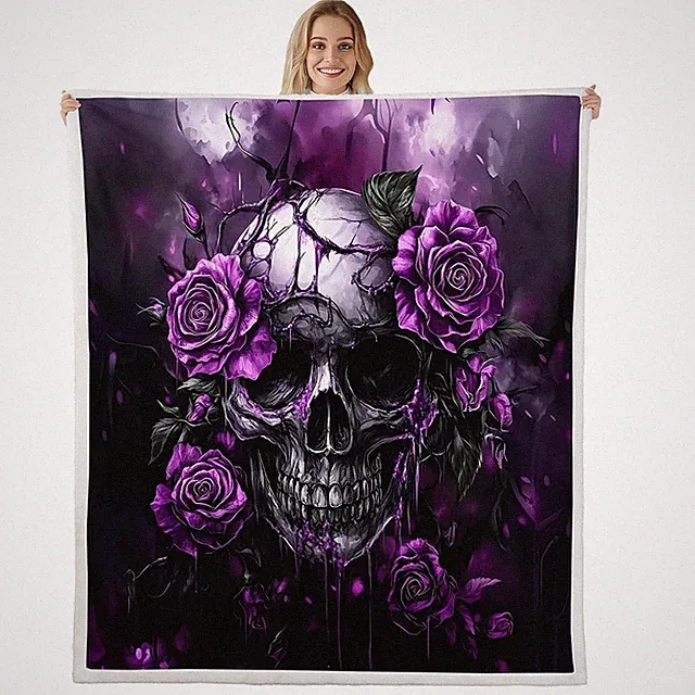 Sugar Skull Queen 90"X90" Throw Blankets for Adults Bed Sofa,Purple Rose Flow...