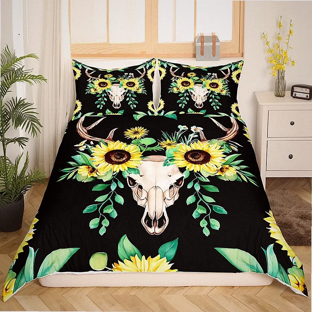 Sunflower Comforter Cover Set Yellow Flowers Cow Skull Bedding Set Botanical...