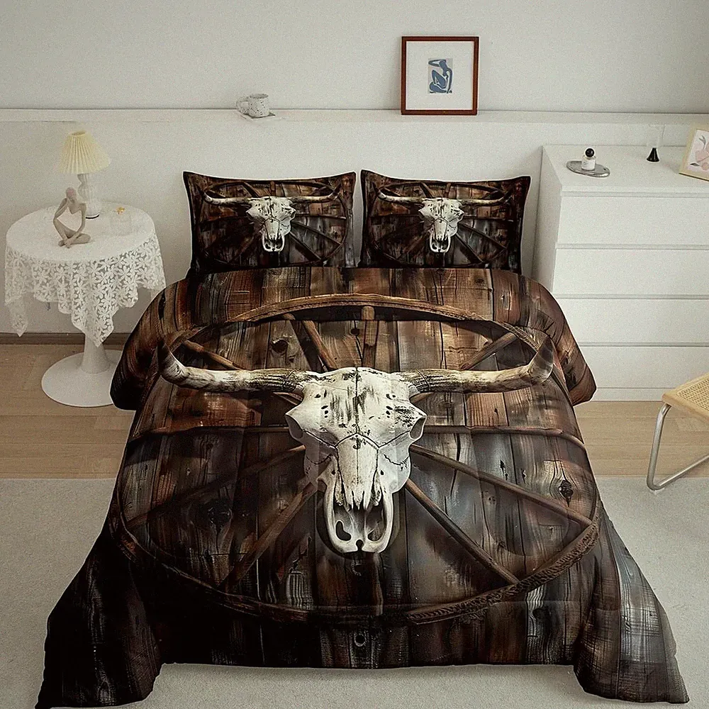 Vintage Cow Skull Queen Bedding Set with 2 Pillowcases - Farmhouse Style
