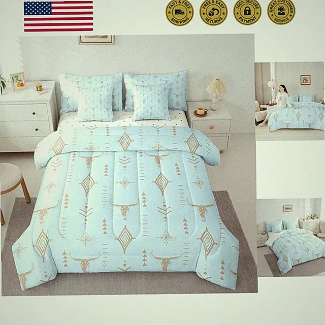 Western 7 Pcs Comforter Set King Size Bull Skull Sheet Set Bed in A Bag Boys...