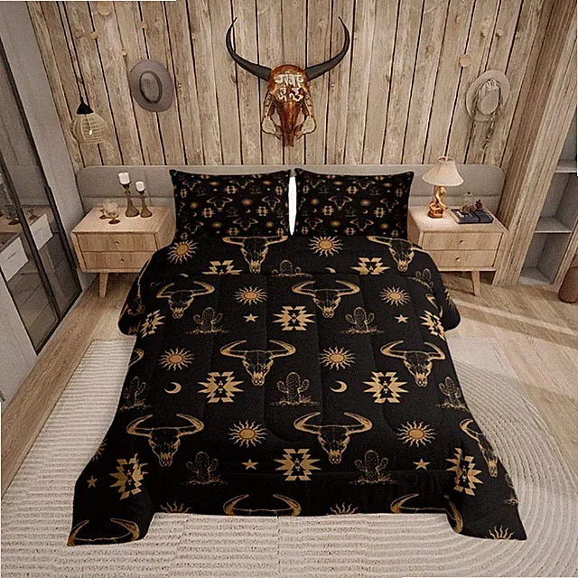 Western Bull Skull Comforter Set Queen Boho Aztec Cow Bedding Set Bohemian Cactu