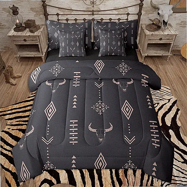 Western Comforter Set 7 Pieces Queen Size Kids, Cow Skull Bedding Set Boys Girls