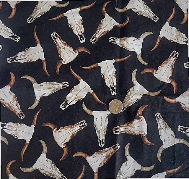 WESTERN COWBOY THEME COW SKULL BISONTE BLACK Fabric 100% Cotton 18" PIECE